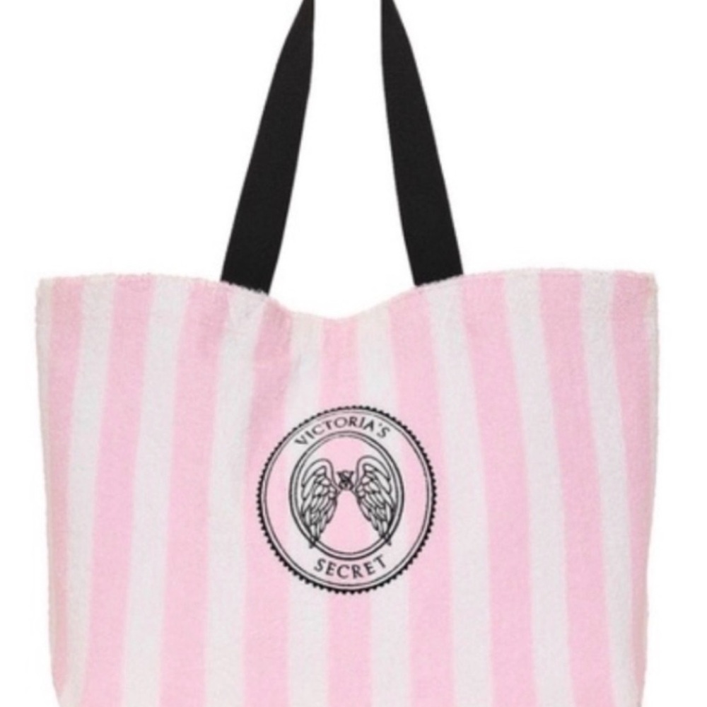 Victoria's Secret Pink and White Stripe Tote with Black Handles